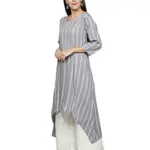 Fabclub Women Rayon Striped Asymmetric Flared Kurti With Palazzo (Grey)