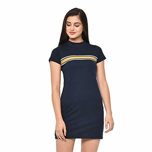 RIGO Pure Cotton Half Sleeve/Above Knee/Mid Thigh Length Multicolor Bodycon Women's Dress (M_Navy)