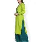 Fabclub Rayon Embroidered Straight Women Kurta With Chikan Palazzo (Lime Green)