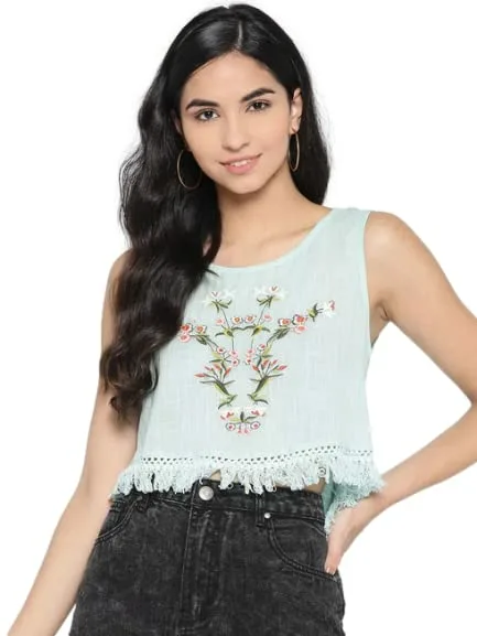 I AM for You Blue Embroidered High-Low Crop Top