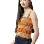 I AM for You Mustard Yellow & White Embroidered Cinched Waist Crop Top