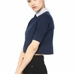 Miss Chase Women's Navy Blue and Grey Collar Neck Half Sleeves Solid Boxy Crop Top