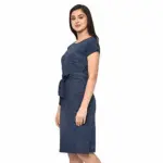 RIGO Blue Cotton Knited Self Textured Half Sleeves Knee Length Dress for Women (Medium)