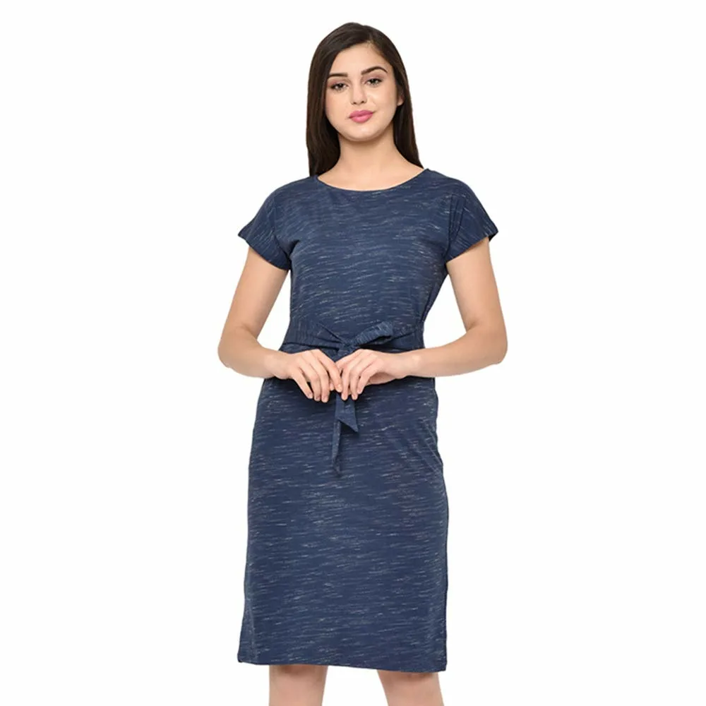RIGO Blue Cotton Knited Self Textured Half Sleeves Knee Length Dress for Women (Medium)