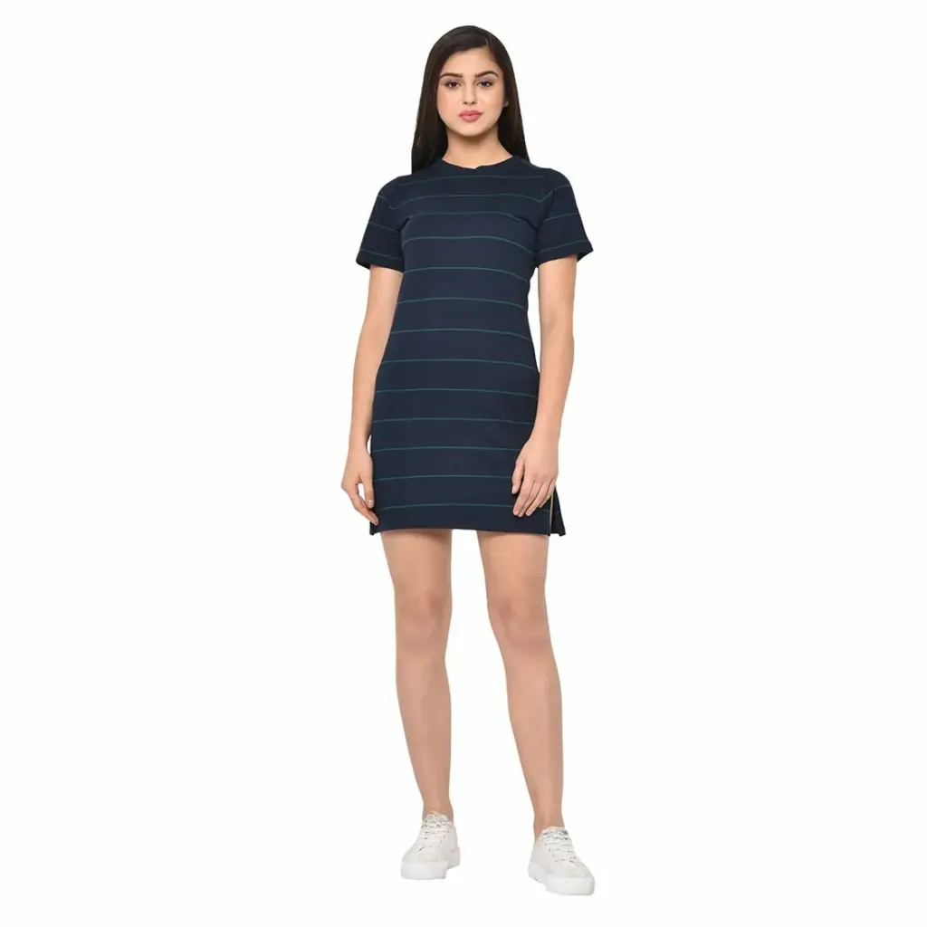 RIGO Cotton Blend Stripped Midi Dress For Women (M, Navy)