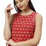 Janasya Women's Red Cotton Floral Print Regular Top