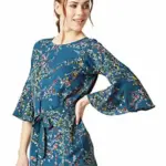 Miss Chase Women's Turquoise Floral Boat Neck 3/4 Ruffled Sleeve Long Tie-Up Top