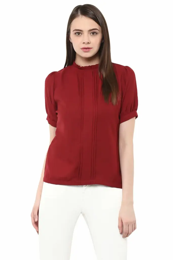 Miss Chase Women's Green High Neck Pleated Top