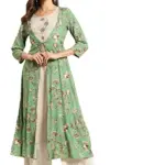 Rangmayee Women Green & Beige Embroidered & Foil Printed Double Layered A-Line Kurta