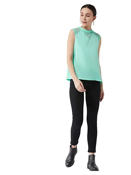 Miss Chase Women's Sea Green Round Neck Sleeveless Basic Lace Top