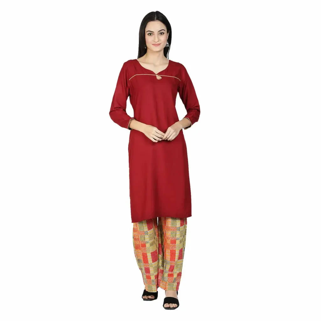 Fabclub Women Maroon Solid Plain Kurta With Multicolor Printed Palazzo