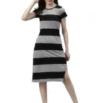 RIGO Women Black and Grey Horizontal Stripe Dress(Gray_M)
