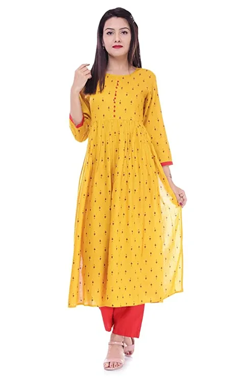 Erisha Women's Rayon Printed Kurta with Palazzo Pant Set_Yellow
