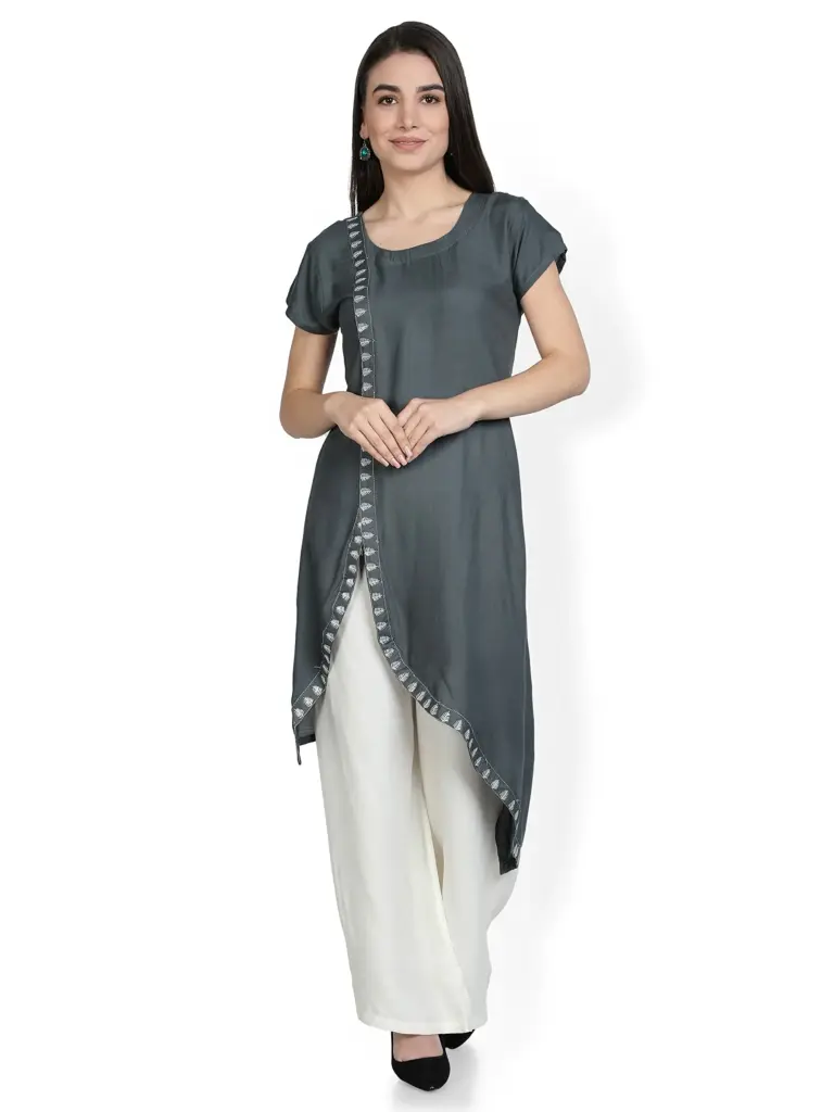 Fabclub Rayon Embroidered Asymmetric Designer Women Kurta With Palazzo (Grey)