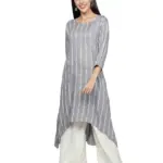 Fabclub Women Rayon Striped Asymmetric Flared Kurti With Palazzo (Grey)