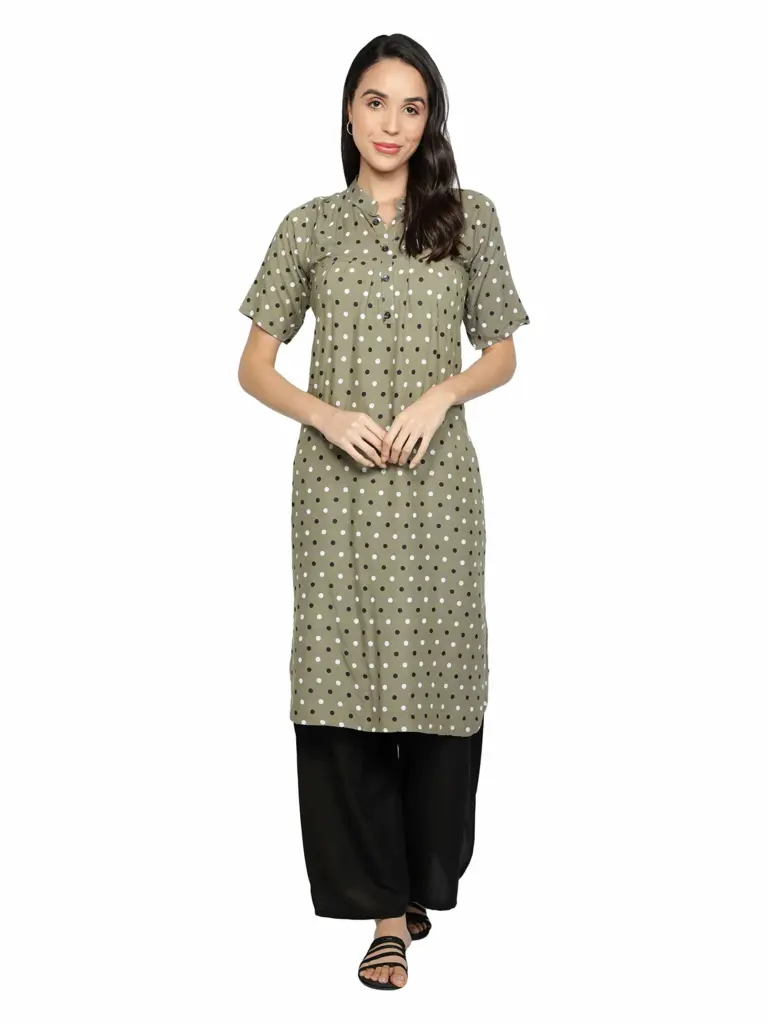 Fabclub Women Rayon Polka Dots Printed Flared Kurti With Palazzo (Green)