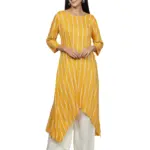 Fabclub Women Rayon Striped Asymmetric Flared Kurti With Palazzo (Mustard Yellow)