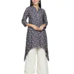 Fabclub Women Rayon Printed Asymmetric Kurti With Palazzo (Grey)