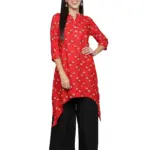 Fabclub Women Rayon Printed Asymmetric Kurti With Palazzo (Red)