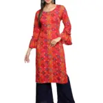 Fabclub Women's Rayon Slub Ethnic Printed Kurta With Palazzo (Pink)