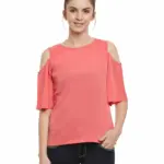 Miss Chase Women's Pink Solid Round Neck Half Sleeve Cold Shoulder Top