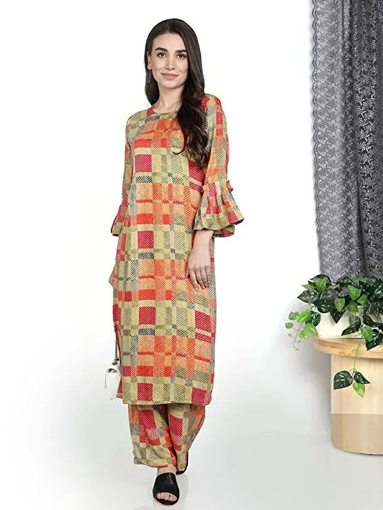 Fabclub Women's Heavy Rayon Geometric Printed Kurta With Palazzo (MultiColor)_Medium Size