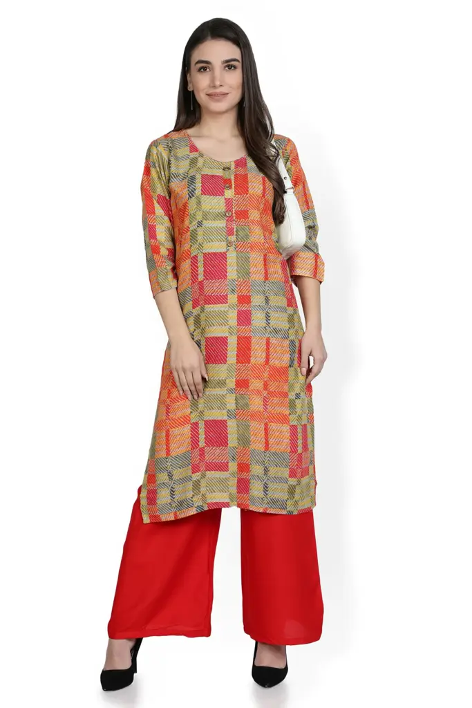 Fabclub Heavy Rayon Geometric Printed Straight Women Kurti With Palazzo (Multicolor)