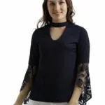 Miss Chase Women's Black Round Neck 3/4 Sleeves Solid Lace Semi Sheer Split Sleeve Choker Style Top