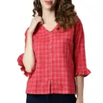 Janasya Women's Red Checkered Cotton Top