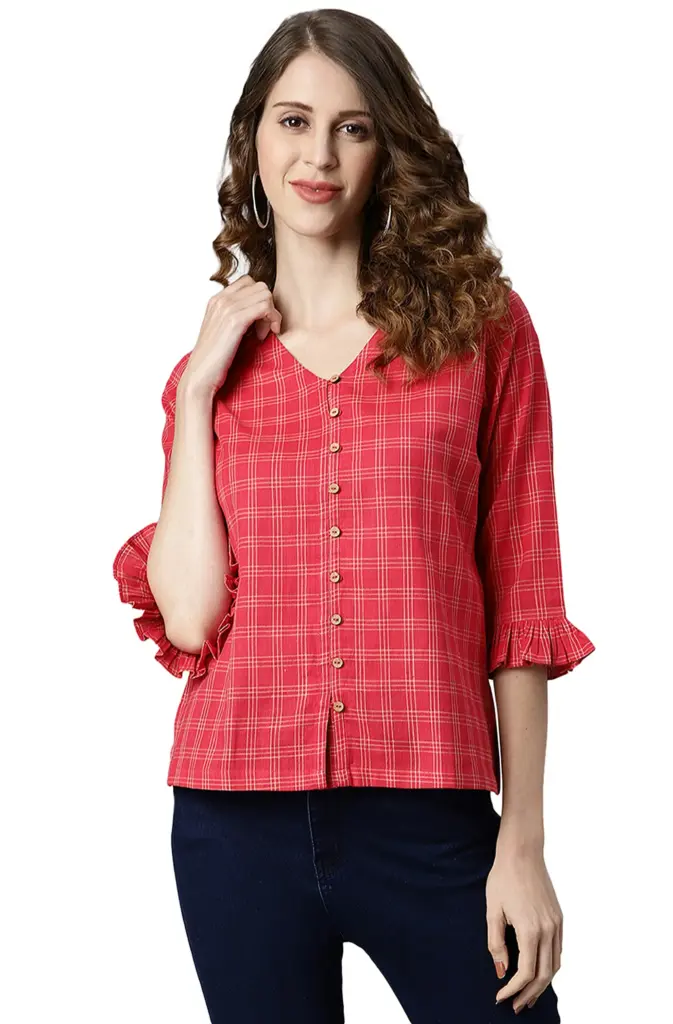 Janasya Women's Red Checkered Cotton Top