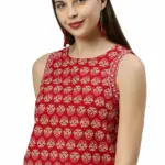 Janasya Women's Red Cotton Floral Print Regular Top