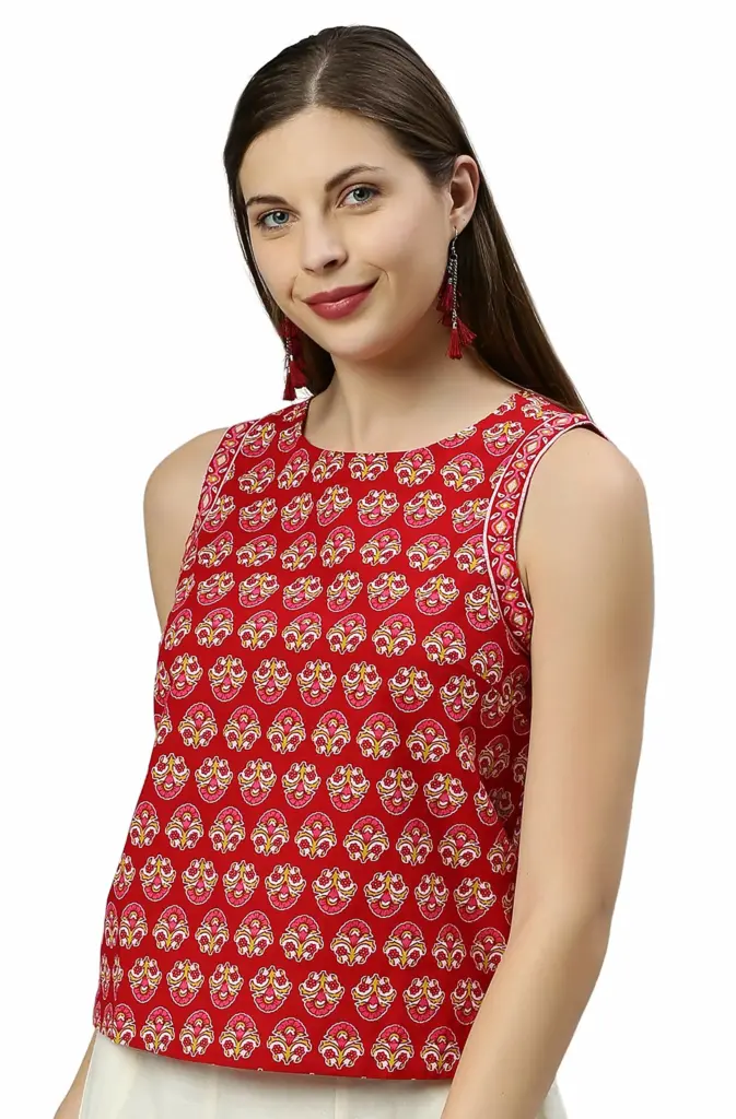 Janasya Women's Red Cotton Floral Print Regular Top
