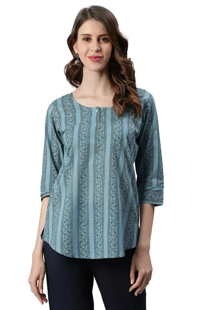 Janasya Women's Blue Cotton Tunic