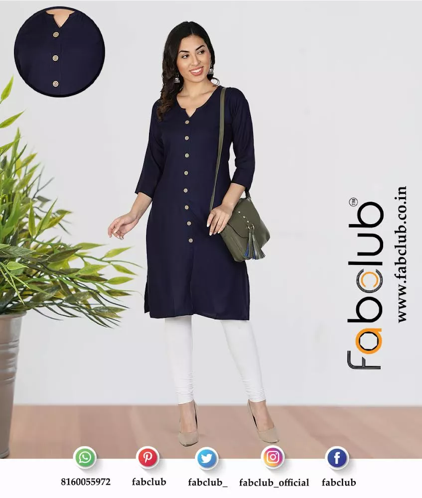 Fabclub Rayon Plain Solid Knee Length Front Slit Kurti for Women (Medium)