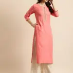 Rangmayee Women's Coral & Gold Foil Print & Zari Embroidery Straight Kurta (Small)