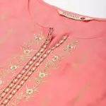 Rangmayee Women's Coral & Gold Foil Print & Zari Embroidery Straight Kurta (Small)