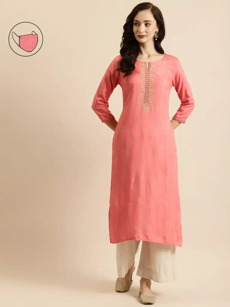 Rangmayee Women's Coral & Gold Foil Print & Zari Embroidery Straight Kurta (Small)