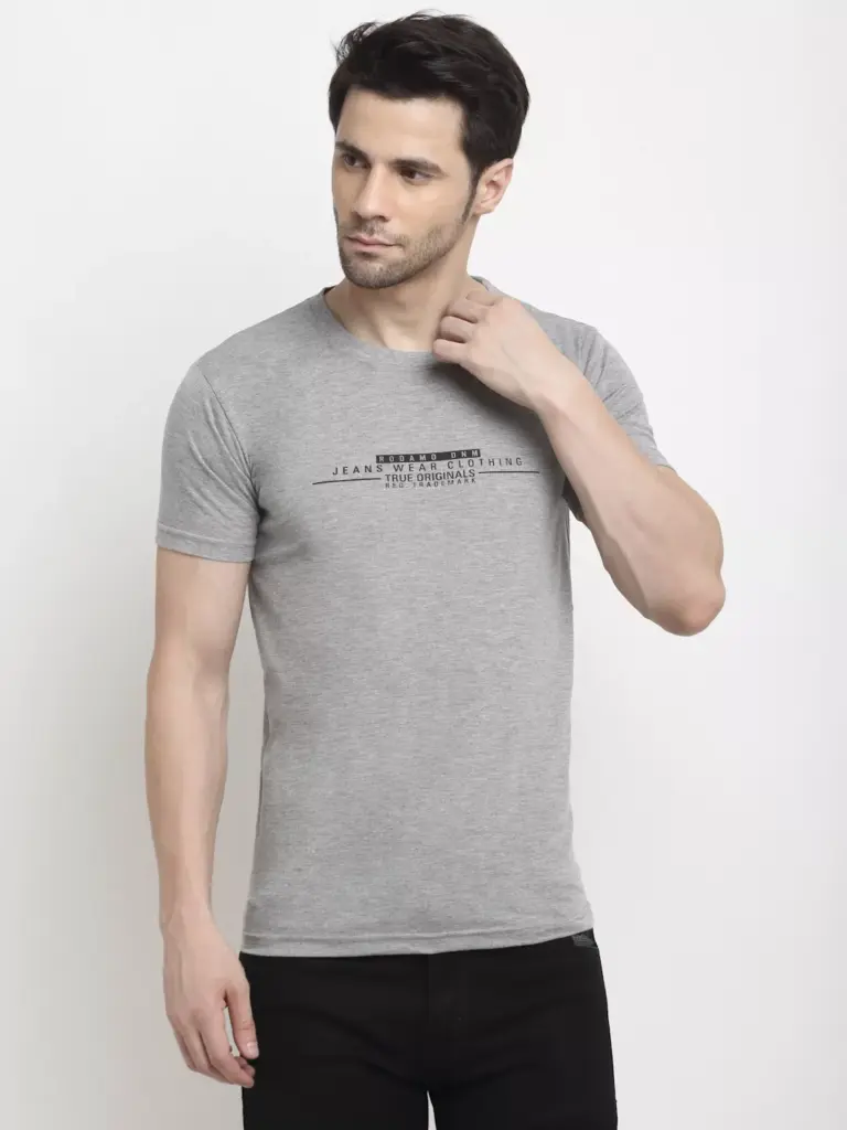 Rodamo Cotton Printed Gray T-Shirt (Medium)